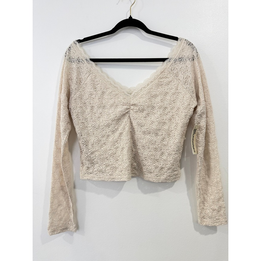 No Boundaries Womens Cream Lace Long Sleeve V-Neck Crop Top Large 1NWT